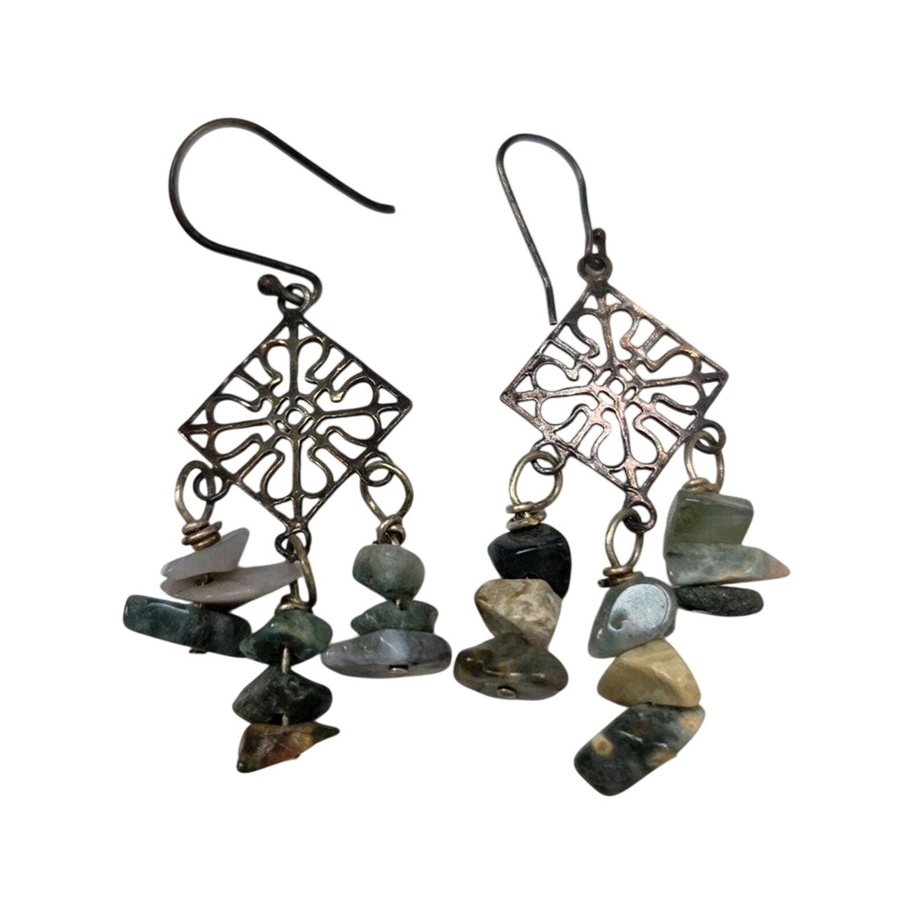 Dangle Earrings Women OS‎ Green Natural Stone Chip Filigree Boho Earthy Rustic